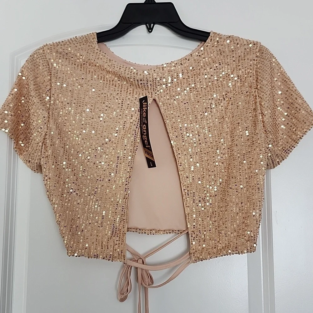 NWT GOLD EMBELLISHED SEQUINED CROP TOP OPEN TIE BACK LARGE - Picture 5 of 10